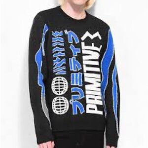 Primitive Graphic Printed Black and Blue Crewneck Knit Sweater Sz S